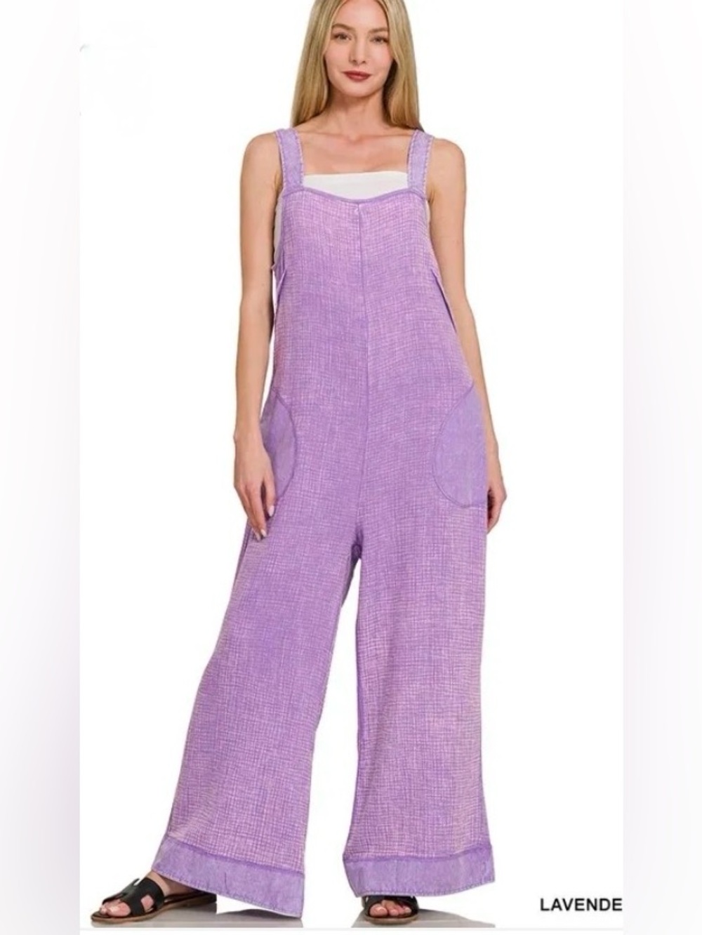 Zenana Lavender Gauze Cotton Wide Leg Overalls Size Large NWT